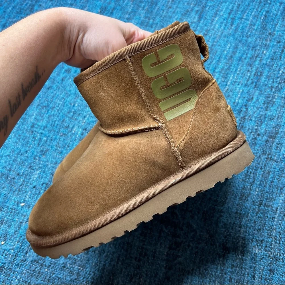 UGG Classic Mini Rubber Logo Fleece Lined Booties in Chestnut Brown Women's 5